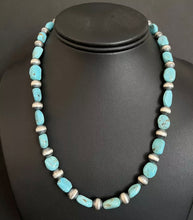 Load image into Gallery viewer, Sterling Silver Turquoise W Pearls Bead Necklace. 18 inch