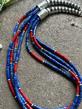 Load image into Gallery viewer, Sterling Silver Multi Strand Lapis Coral Pearls Bead Necklace. 24 inch