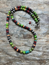 Load image into Gallery viewer, Sterling Silver Green Turquoise Spiny Multi Stone Bead Necklace. 18 Inch