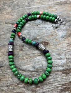 Sterling Silver Green Turquoise Multi Stone Bead Necklace. 19 inch. Gift