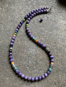 Sterling Silver Charoite Multi Stone Bead Necklace. 18.25 inch