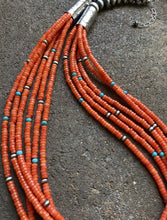 Load image into Gallery viewer, Sterling Silver Multi Strand Orange Coral W Turquoise Bead Necklace. 24 inch
