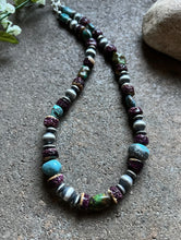 Load image into Gallery viewer, Sterling Silver Turquoise Nuggets W Purple Spiny Oyster Bead Necklace 19 inch