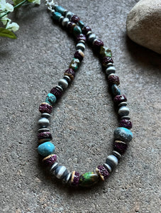 Sterling Silver Turquoise Nuggets W Purple Spiny Oyster Bead Necklace 19 inch