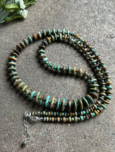 Long Sterling Silver Graduated Green Turquoise Bead Necklace. 36 inch