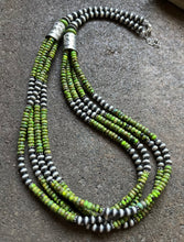 Load image into Gallery viewer, Sterling Silver Multi Strand Green Turquoise W Pearls Bead Necklace. 28 inch