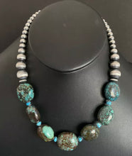 Load image into Gallery viewer, Sterling Silver Turquoise Nuggets Navajo Pearls Bead Necklace. 18 inch