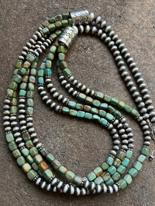 Sterling Silver Multi Strand Green Turquoise Bead Necklace. 30 inch