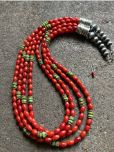 Load image into Gallery viewer, Sterling Silver Multi Strand Coral Green Turquoise Bead Necklace 22 Inch