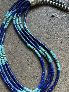 Sterling Silver Multi Strand Stone Lapis Turquoise Bead Necklace. 24 inch