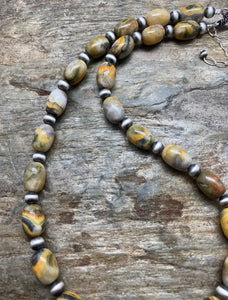 Sterling Silver Bumblebee Jasper Navajo Pearls Bead Necklace. 18 inch