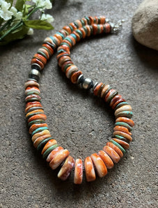 Sterling Silver Graduated Spiny Oyster Turquoise Bead Necklace 18 Inch