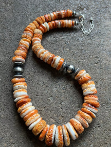 Sterling Silver Graduated Orange Spiny Oyster Bead Necklace. 18 inch