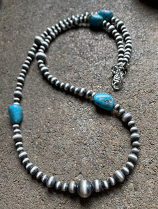 Sterling Silver Turquoise W Pearls Bead Necklace. 25 inch