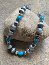 Load image into Gallery viewer, Sterling Silver Turquoise W Navajo Pearls Choker Bead Necklace. 14 inch