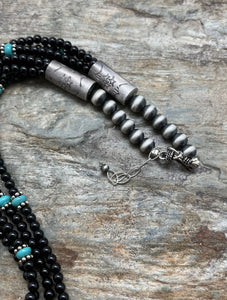 Sterling Silver Multi Strand Black Onyx with Turquoise Bead Necklace. 22 Inch