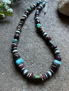 Sterling Silver Turquoise Nuggets W Purple Spiny Oyster Bead Necklace 19 inch