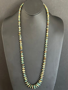 Long Sterling Silver Graduated Green Turquoise Bead Necklace. 36 inch