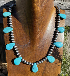 Sterling Silver Turquoise W Navajo Pearls Bead Necklace. 16 inch