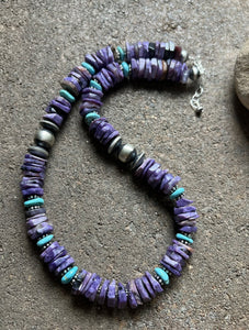 Sterling Silver Charoite Turquoise Bead Necklace. 18 Inch