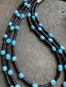 Sterling Silver Layered Multi Strand Turquoise Nuggets Bead Necklace 27 Inch.