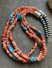 Load image into Gallery viewer, Sterling Silver Multi Strand Pink Coral Blue Turquoise Bead Necklace 24 Inch