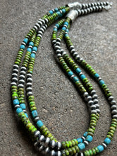 Load image into Gallery viewer, Sterling Silver Multi Strand Blue Green Turquoise Bead Necklace. 24 inch