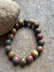 Round Red Creek Jasper Stretchy Bead Bracelet. Free size