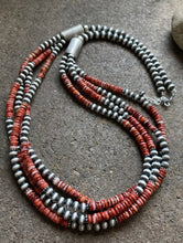 Load image into Gallery viewer, Sterling Silver Multi Strand Red Spiny Oyster Navajo Pearls Bead Necklace 26”