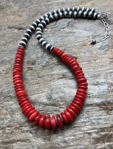 Sterling Silver Red Coral Bead Necklace 18 inch