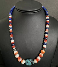 Load image into Gallery viewer, Sterling Silver Multi Stone Spiny Oyster Lapis Turquoise Bead Necklace 18 inch