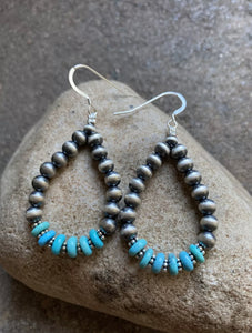 Sterling Silver Blue Turquoise W Pearls Bead Loop Earrings.