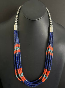 Sterling Silver Multi Strand Multi Stone Lapis Bead Necklace. 30 inch
