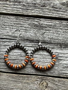 Sterling Silver Orange Spiny Oyster W Pearls Bead Hoop Earrings. 2.25 Inch.