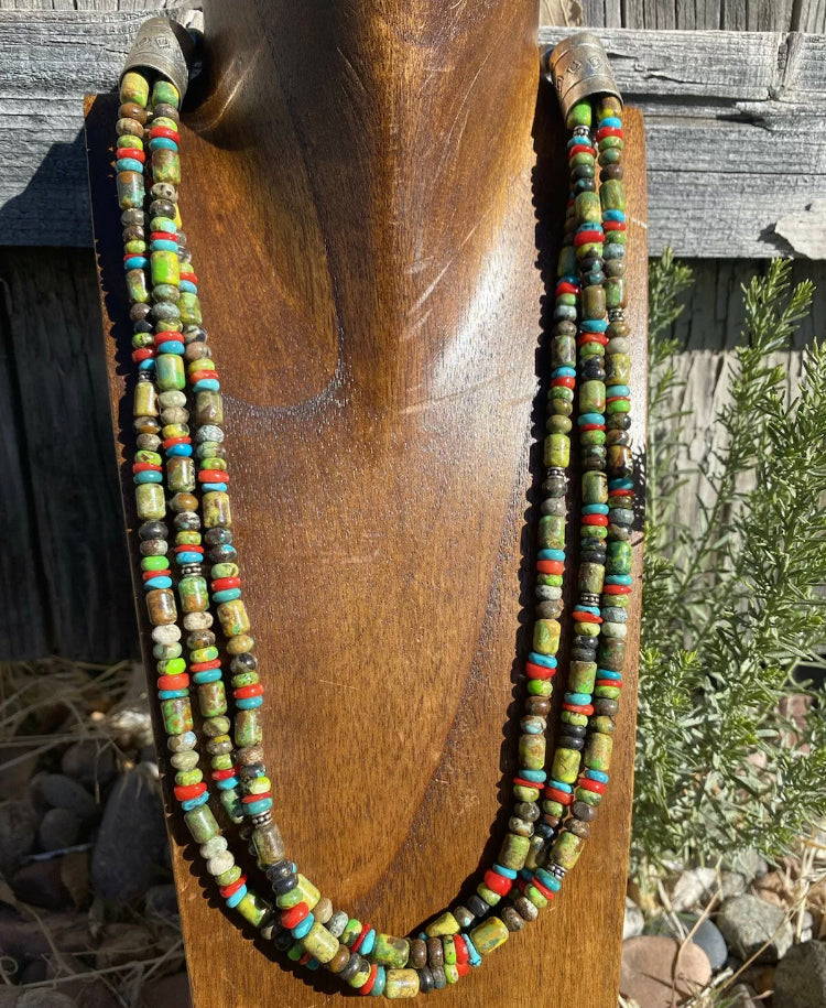 Sterling Silver Multi Strand Multi Stone Green Turquoise Bead Necklace. 22 inch
