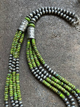 Load image into Gallery viewer, Sterling Silver Multi Strand Green Turquoise W Pearls Bead Necklace. 28 inch