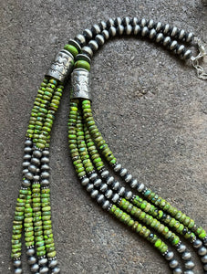 Sterling Silver Multi Strand Green Turquoise W Pearls Bead Necklace. 28 inch