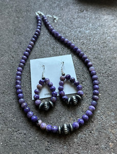 Sterling Silver Purple Charoite Bead Necklace W Earrings Set. Gift 18 Inch