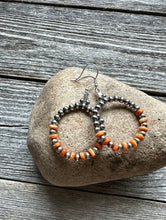 Load image into Gallery viewer, Sterling Silver Orange Spiny Oyster W Pearls Bead Hoop Earrings. 2.25 Inch.