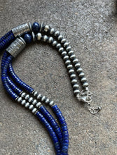 Load image into Gallery viewer, Sterling Silver Multi Strand Lapis W Pearls Bead Necklace. 28 inch