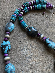 Sterling Silver Dyed Sugilite Turquoise W Navajo Pearls Bead Necklace. 22 inch