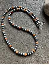 Load image into Gallery viewer, Sterling Silver Orange Spiny Oyster W 6mm Pearls Bead Necklace. 24 inch