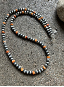 Sterling Silver Orange Spiny Oyster W 6mm Pearls Bead Necklace. 24 inch