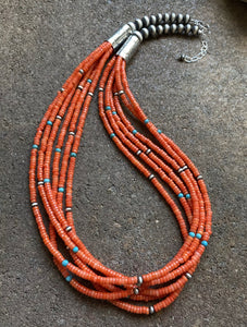 Sterling Silver Multi Strand Orange Coral W Turquoise Bead Necklace. 24 inch