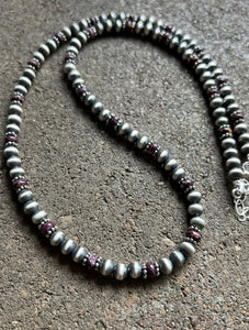 Sterling Silver Purple Spiny Oyster W 6mm Pearls Bead Necklace. 24 inch