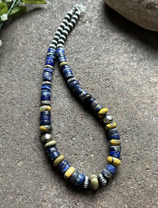Sterling Silver Graduated Lapis Bumblebee Jasper Bead Necklace 18 inch