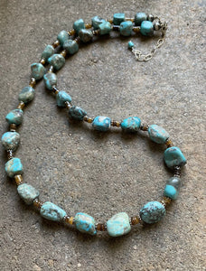 Sterling Silver Turquoise Nuggets with Heishi Bead Necklace. 25 inch