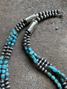 Sterling Silver Multi Strand Turquoise W Navajo Pearls Bead Necklace. 22 inch