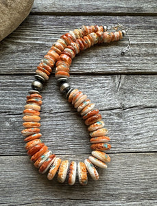 Sterling silver orange spiny oyster bead necklace 18 Inch