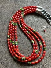 Load image into Gallery viewer, Sterling Silver Multi Strand Coral Green Turquoise Bead Necklace 22 Inch